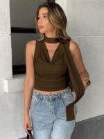 Brown Cowl Neck Solid Crop Top - Image 3