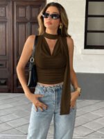 Brown-Cowl-Neck-Solid-Crop-Top