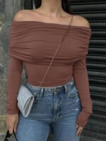 Brown-Solid-Off-Shoulder-Crop-Top
