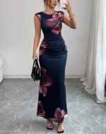 Dark Blue Floral Ruched Maxi Dress