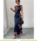 Dark Blue Floral Ruched Maxi Dress