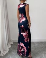 Dark Blue Floral Ruched Maxi Dress - Image 3