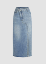Denim Asymmetric Slit Midi Skirt - Image 2