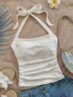 White Textured Halter Neck Top