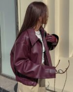 Burgundy PU Bomber Jacket - Image 2