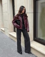 Burgundy PU Bomber Jacket - Image 4