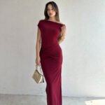 wine red ruched one shoulder maxi dress