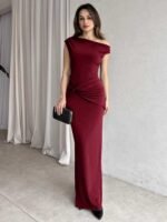 wine red ruched one shoulder maxi dress - Image 3